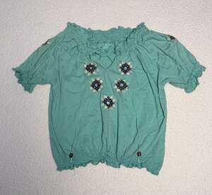 Roxie Teal Embroidered Smocked Cotton Blouse Size S